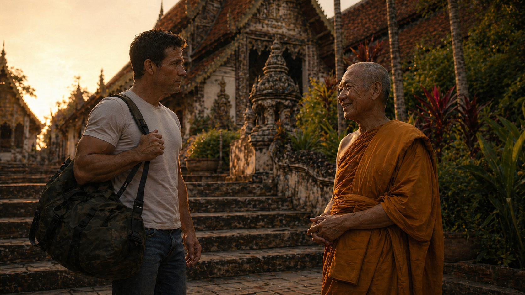 A man with a backpack talking to a Buddhist monk on stone steps outside a temple during sunset.