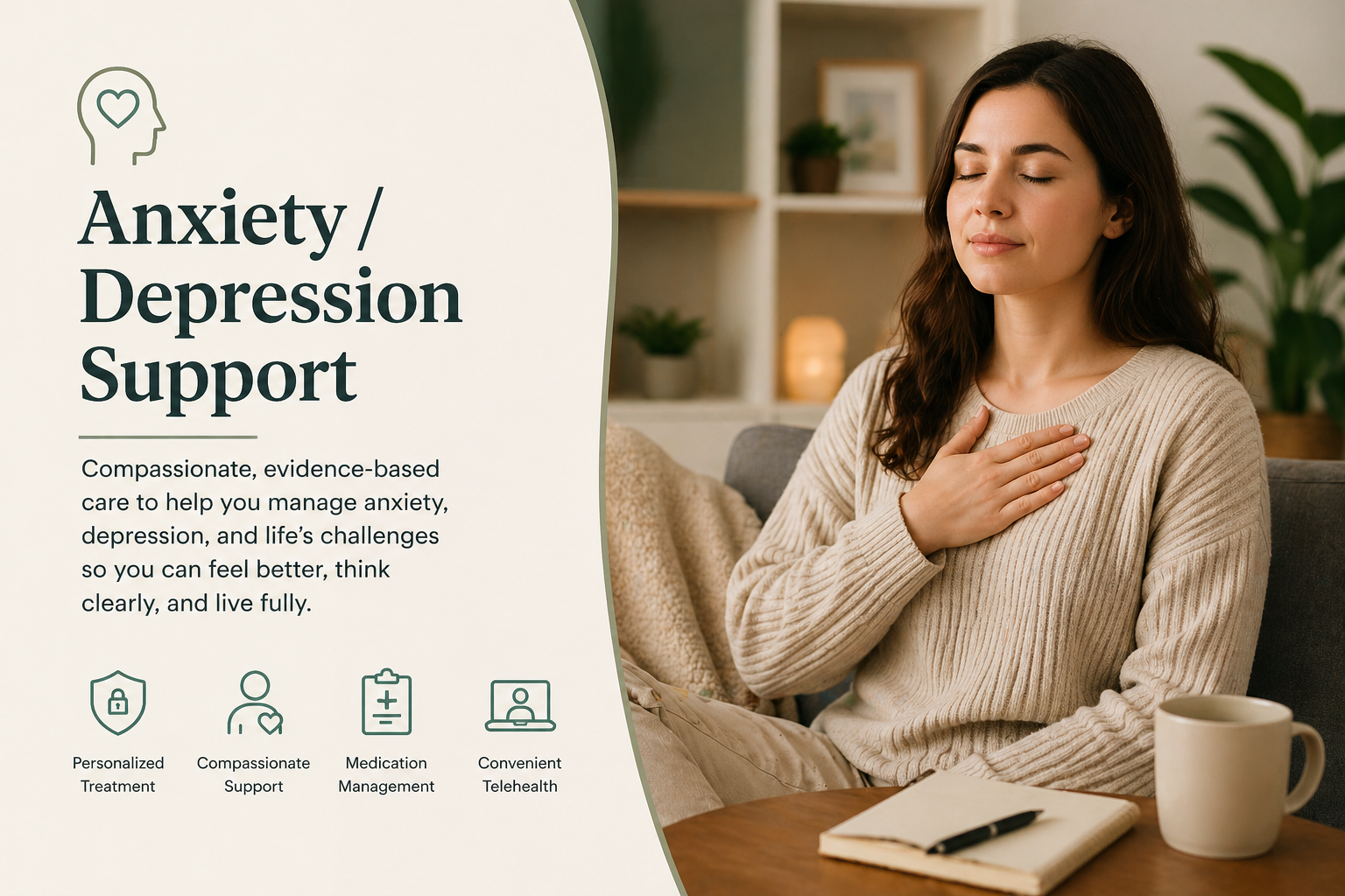 A woman with dark hair, sitting on a couch with her eyes closed and hand on her chest, in a cozy room with plants and books. Next to her, a webpage graphic promotes anxiety and depression support with icons for personalized treatment, compassionate support, medication management, and telehealth.