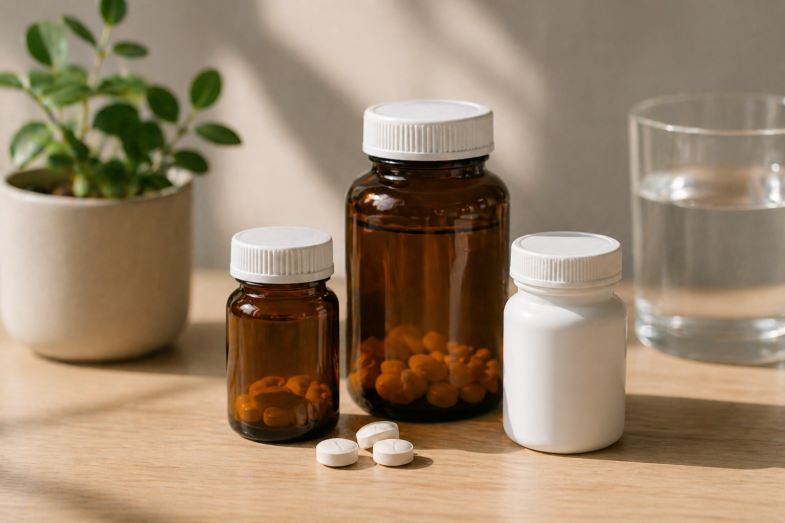 Three bottles of medication, one white and two amber with pills inside, placed on a wooden surface with a potted plant and a glass of water in the background.