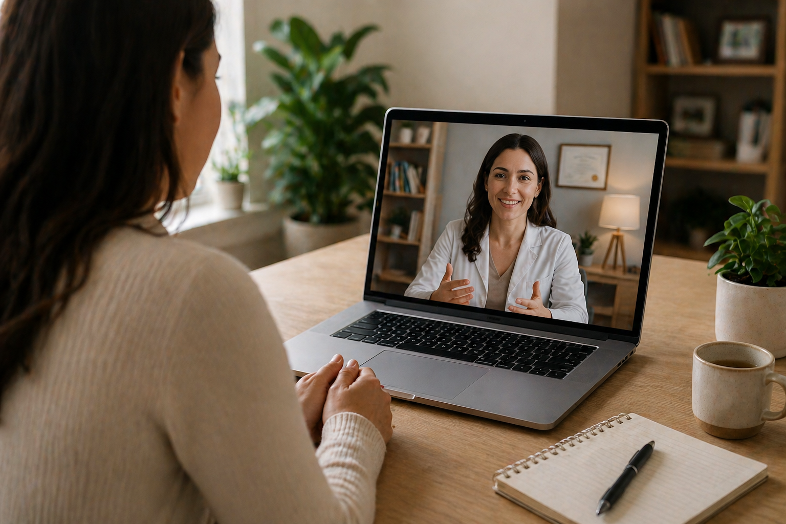 Woman having a virtual meeting with a doctor or professional via laptop in a cozy home office setting with plants and a notebook.