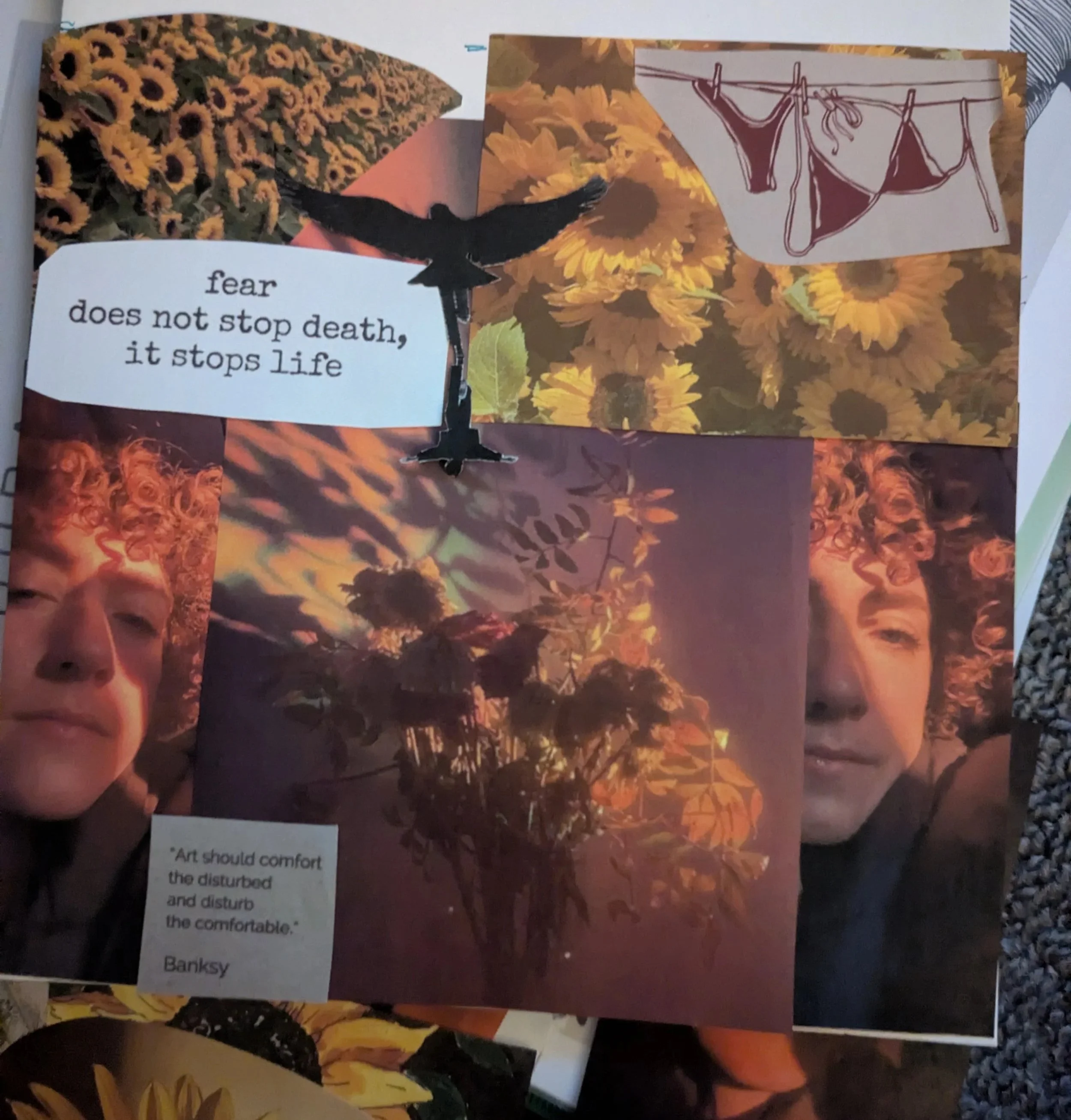 Collage of images including sunflowers, a person with eyes closed, a drawing of bikinis hanging on a clothesline, and a quote about fear and death.