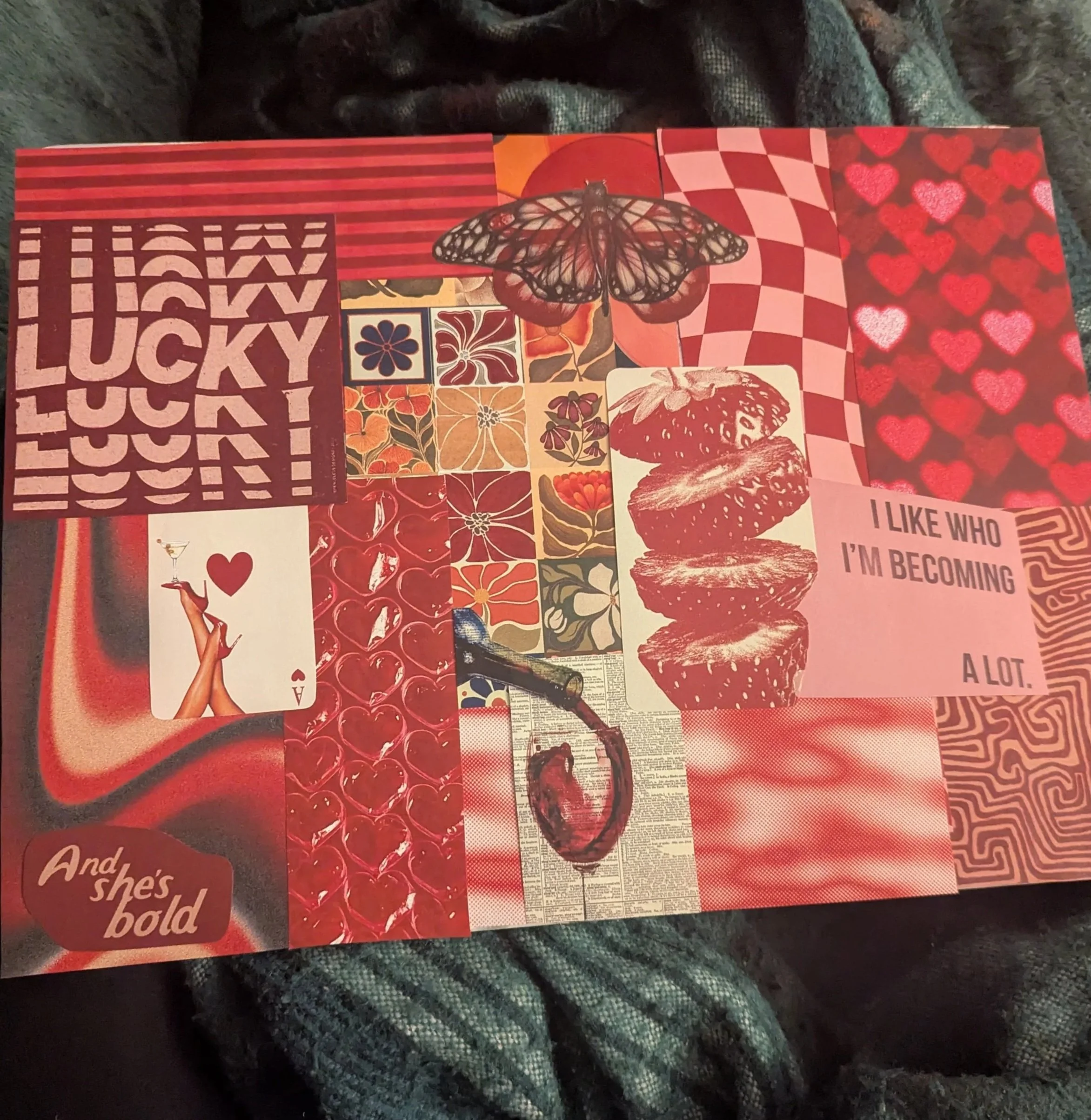 A collection of assorted Valentine’s Day themed cards with red, pink, and floral motifs and phrases like 'Lucky & She’s Bold'. The cards are placed on a dark textured surface, possibly a blanket or fabric.