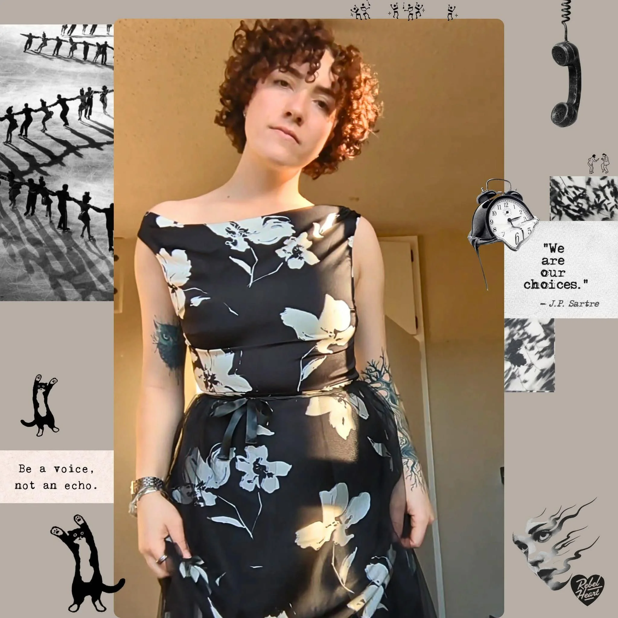 A woman with curly, reddish hair wearing a black dress with white floral patterns, standing against a beige wall with a collage of images and quotes, including a quote by J.P. Sartre and illustrations of dancers, clocks, and other miscellaneous graphics.