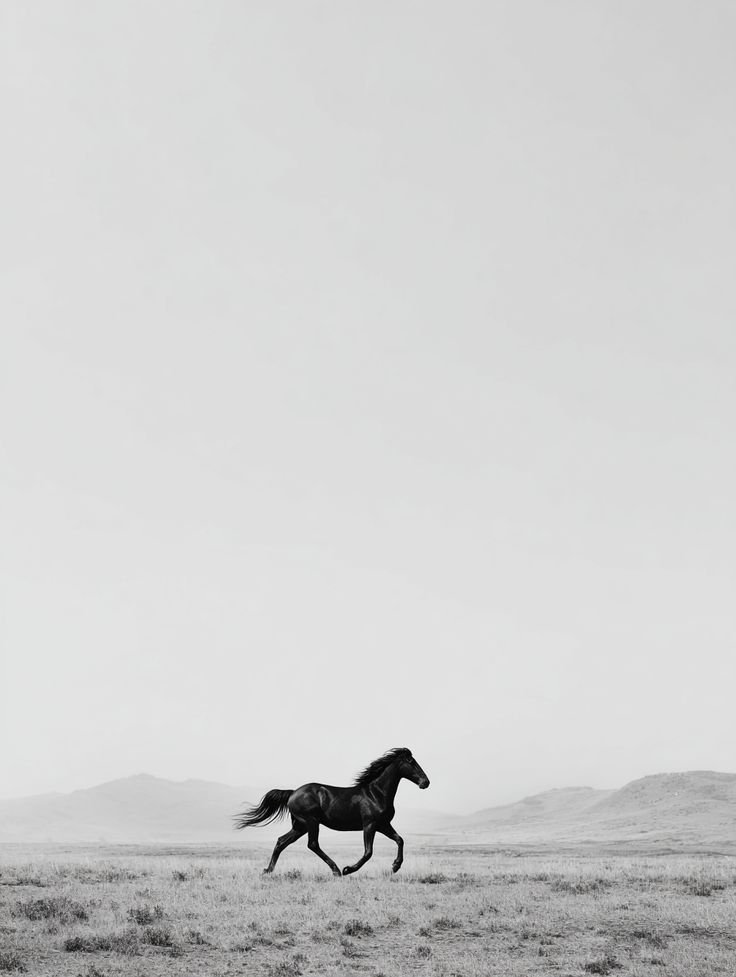 A black horse running across a wide open plain with mountains in the distance, under a mostly clear sky.