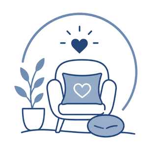 Line art illustration of a cozy chair with a heart pillow, a plant in a pot, a small cushion, and a heart above the chair, all enclosed in a circle.