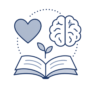 Illustration of a heart, a brain, a book, and a plant symbolizing love, knowledge, and growth.