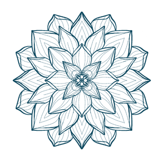 A detailed blue outline of a symmetrical floral mandala design with layered petals inside a white circular background.