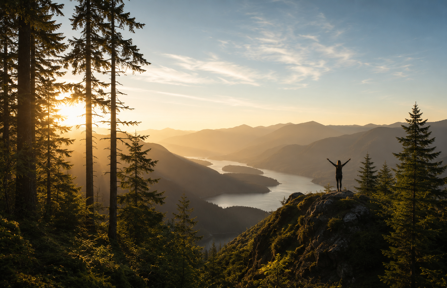 A person standing with arms raised on a rocky outcrop in a forested mountain area during sunset, overlooking a river in a valley surrounded by mountains.