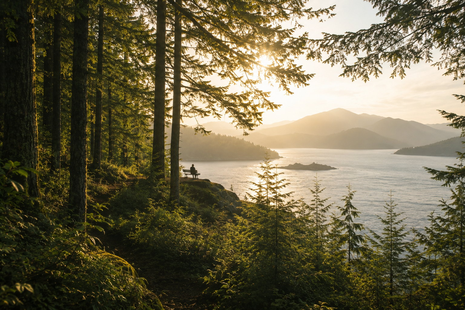 A person sitting on a bench in a forest overlooking a body of water with mountains in the distance, during sunset.
