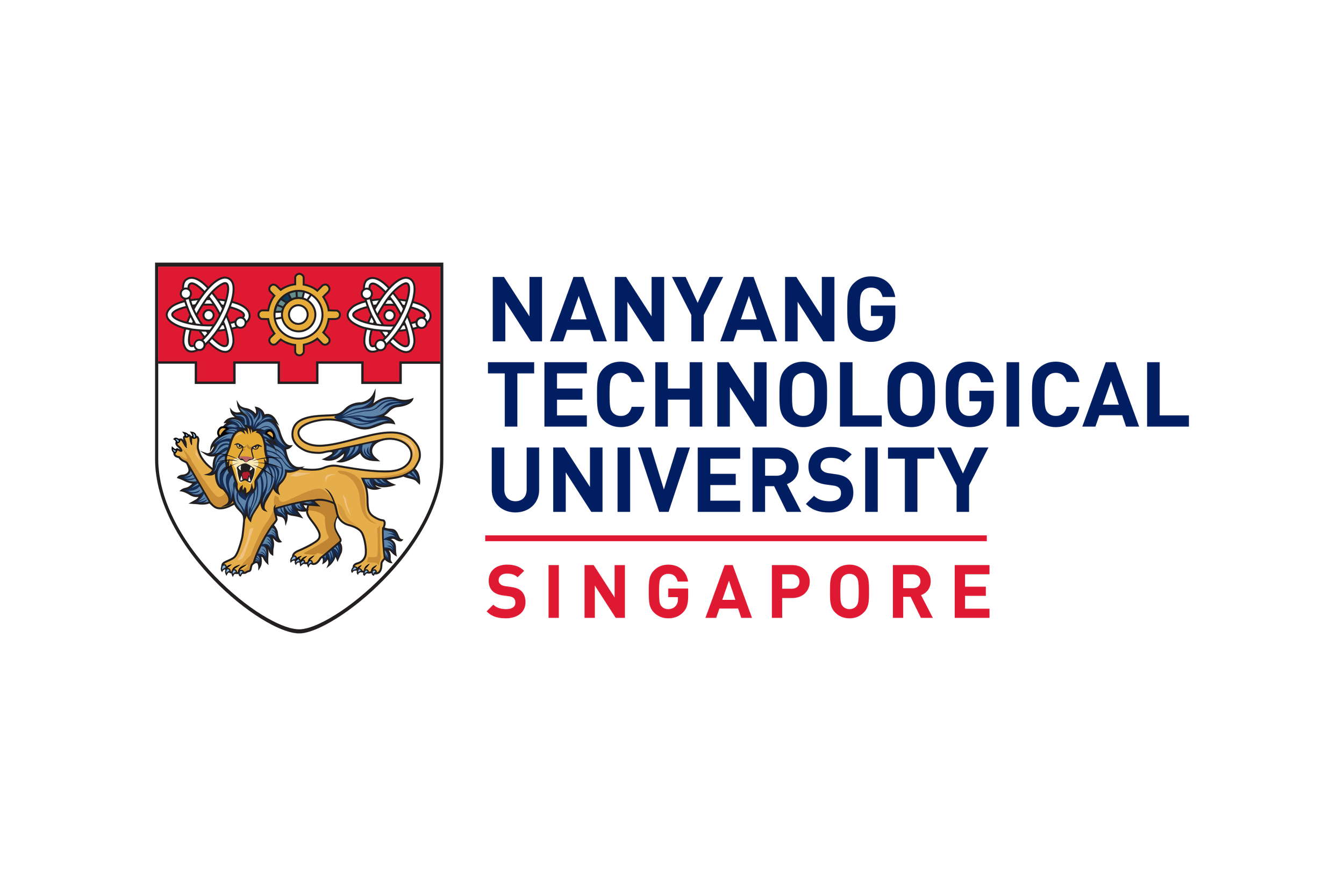 Logo of Nanyang Technological University, Singapore, featuring a shield with a lion and a crest with stars, alongside the university name and 'Singapore' in red.