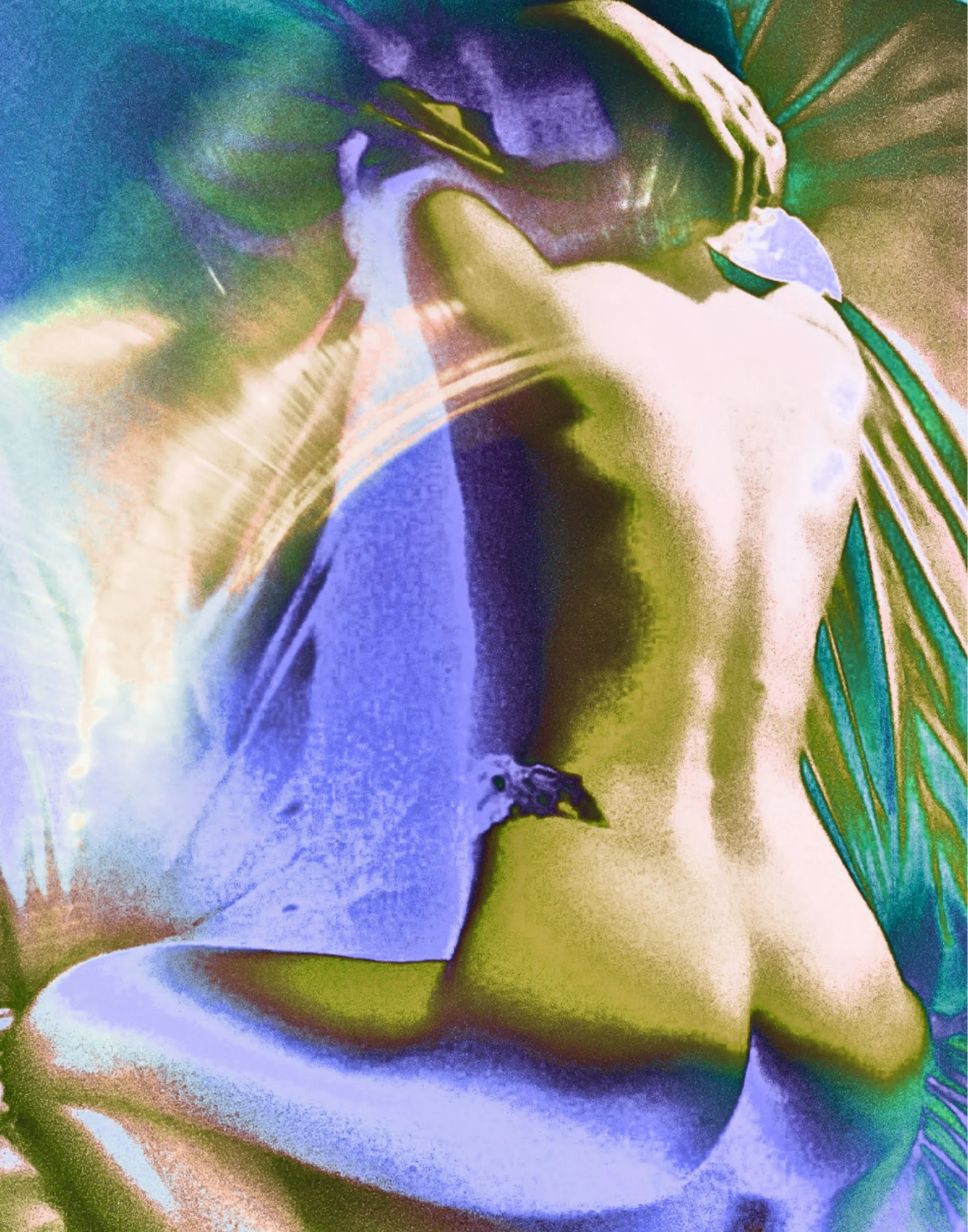 A colorful ethereal nude figure photograph featuring a woman in an erotic pose