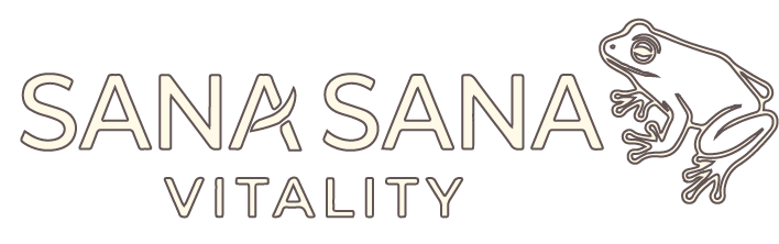 Logo with the words "SANA SANA VITALITY" and a frog outline to the right of the text.