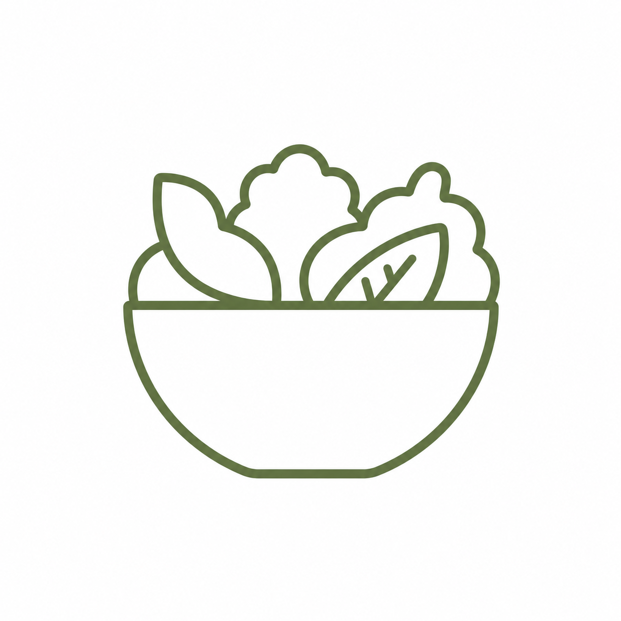 Outline of a bowl filled with various leaves and herbs.