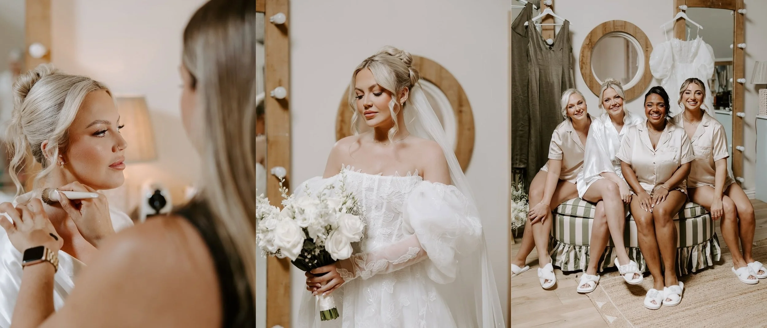 Bride and bridesmaids wearing soft, timeless makeup by Dayna Cerys.