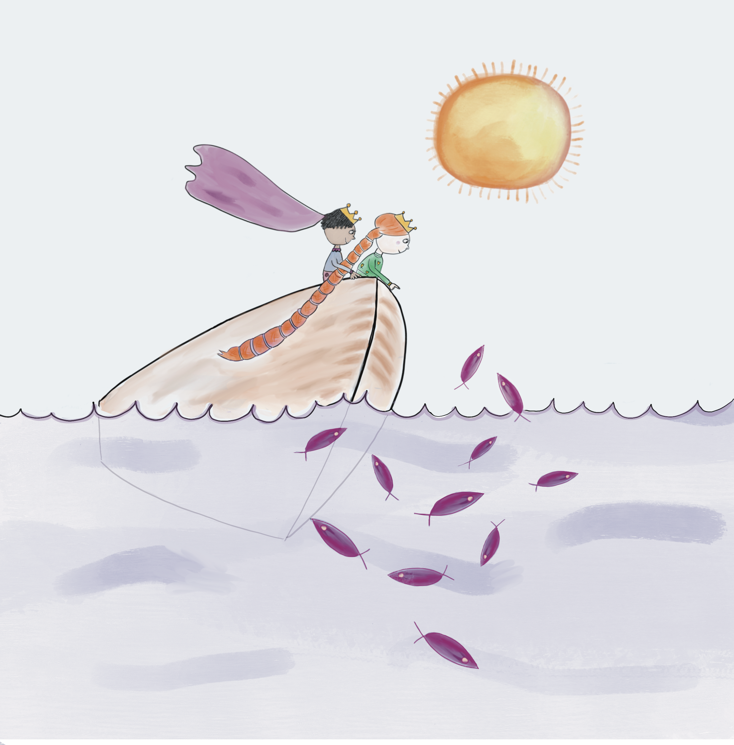 Two princesses wearing crowns and capes, riding in a boat, with a bright, glowing sun in the sky and purple fish swimming and playing.