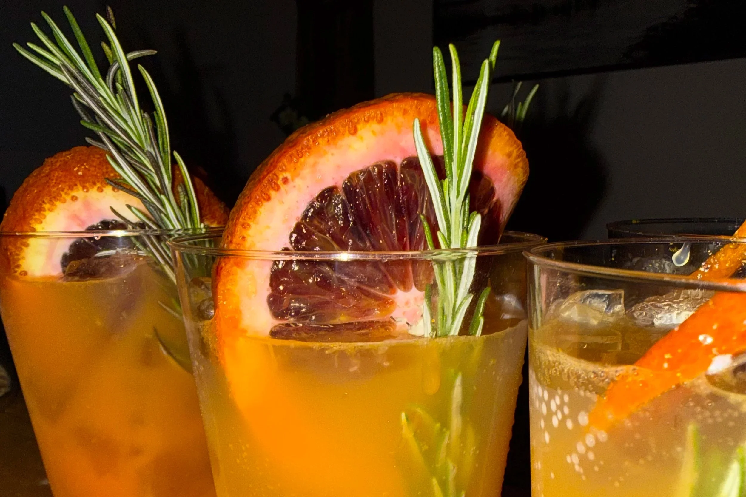 Close-up of three glasses filled with orange-colored drinks, garnished with slices of blood orange and sprigs of rosemary.