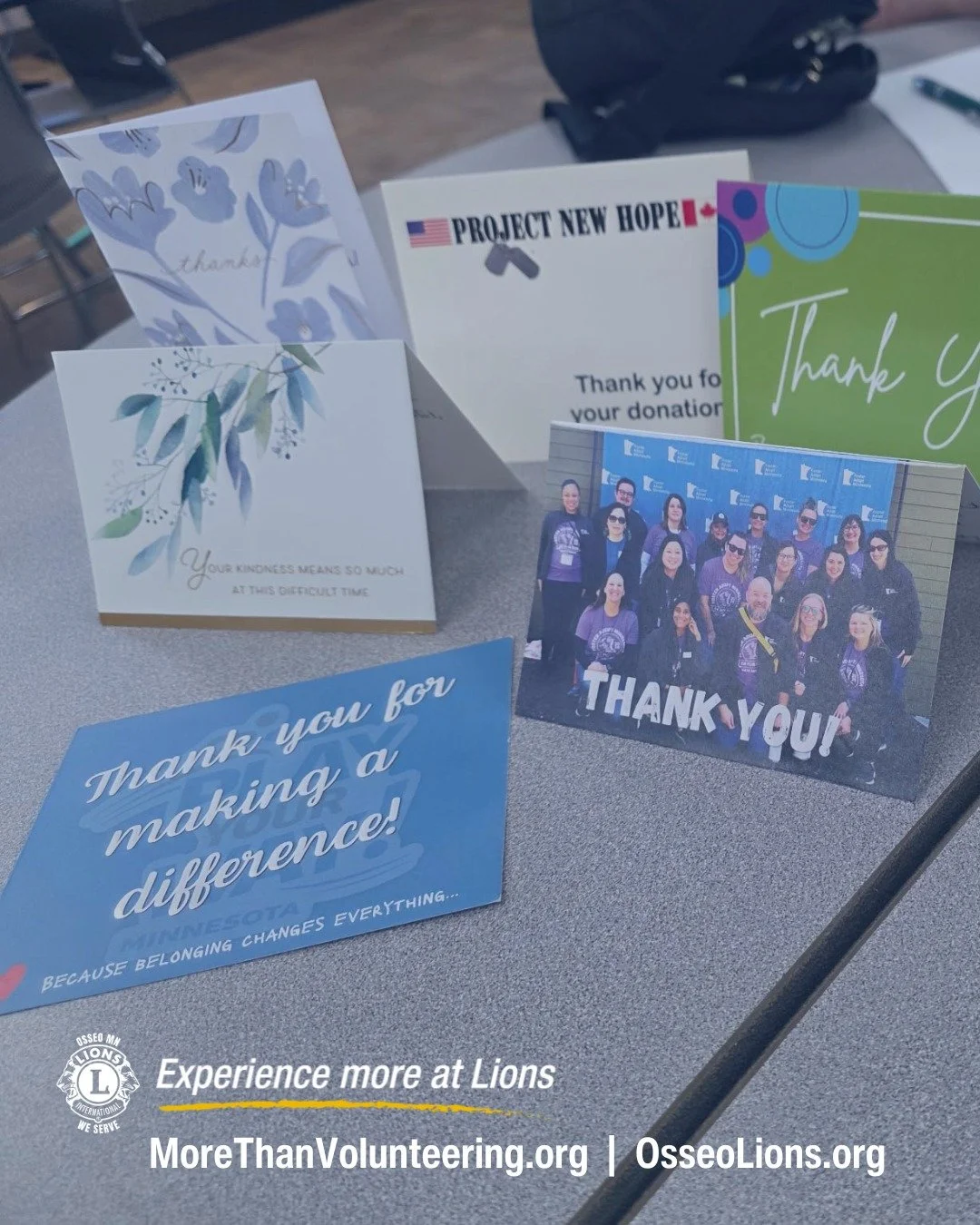 Today, our hearts are full. &hearts;

Spread across this table are just a few of the beautiful thank-you cards and notes we&rsquo;ve received from individuals and organizations whose lives have been touched by the Osseo Lions Club. 

From families na