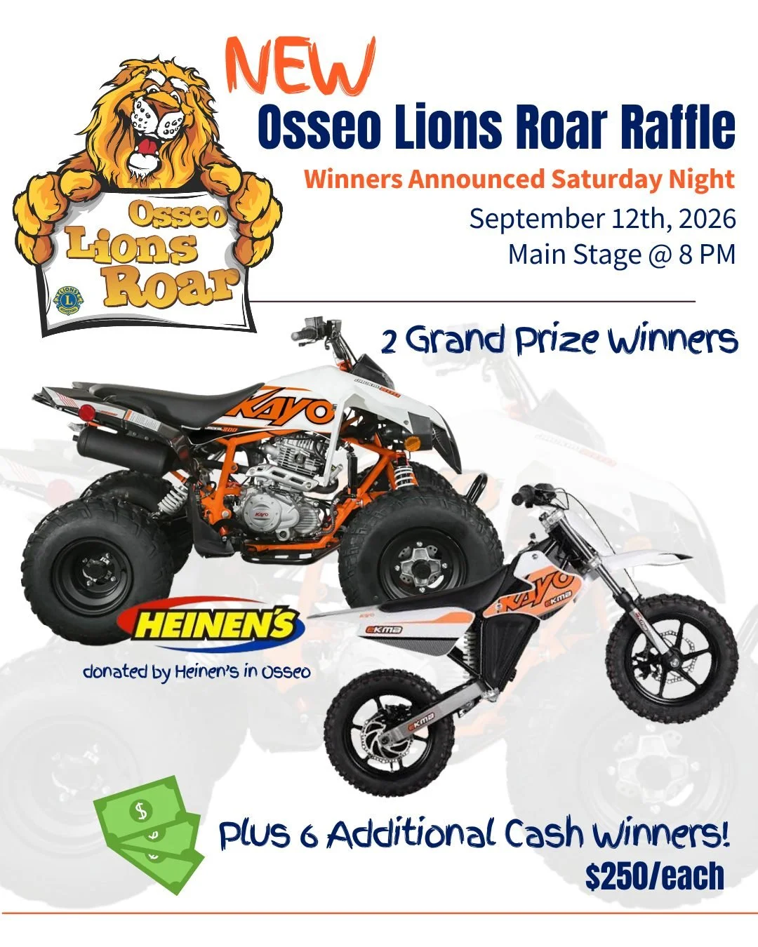 🎟️ $10. Eight winners. While supplies last.The Special 250th National Birthday Celebration Raffle &rarr;

🏆Kids Kayo Jakal 200 ATV (thank you, Heinen Motorsports!)
🏆Kayo Kids E-Bike
💵 6 cash prizes of $250 eachGrab tickets at the Osseo Lions pull
