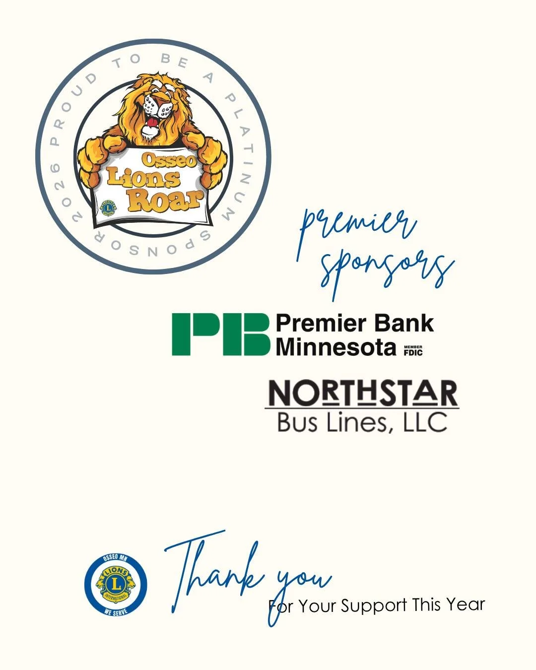 🦁 Our 2026 PREMIER Sponsors &mdash; thank you.

&bull; Premier Bank of Osseo
&bull; Northstar Bus Lines

Serving Osseo since 1944, thanks to businesses like these two.

The full 2026 sponsor list is available on our website &mdash; link in bio.

#Os