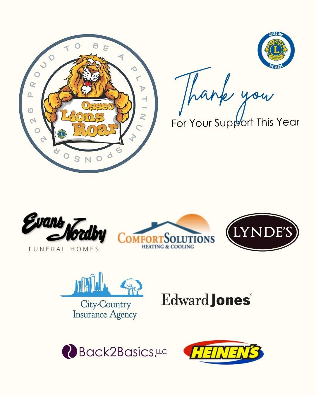 💛 Our 2026 PLATINUM Sponsors &mdash; thank you.

&bull; Lynde's Restaurant &amp; Catering
&bull; Edward Jones &ndash; Osseo
&bull; Evans-Nordby Funeral Homes
&bull; City-Country Financial Insurance
&bull; Comfort Solutions Heating &amp; Cooling
&bul
