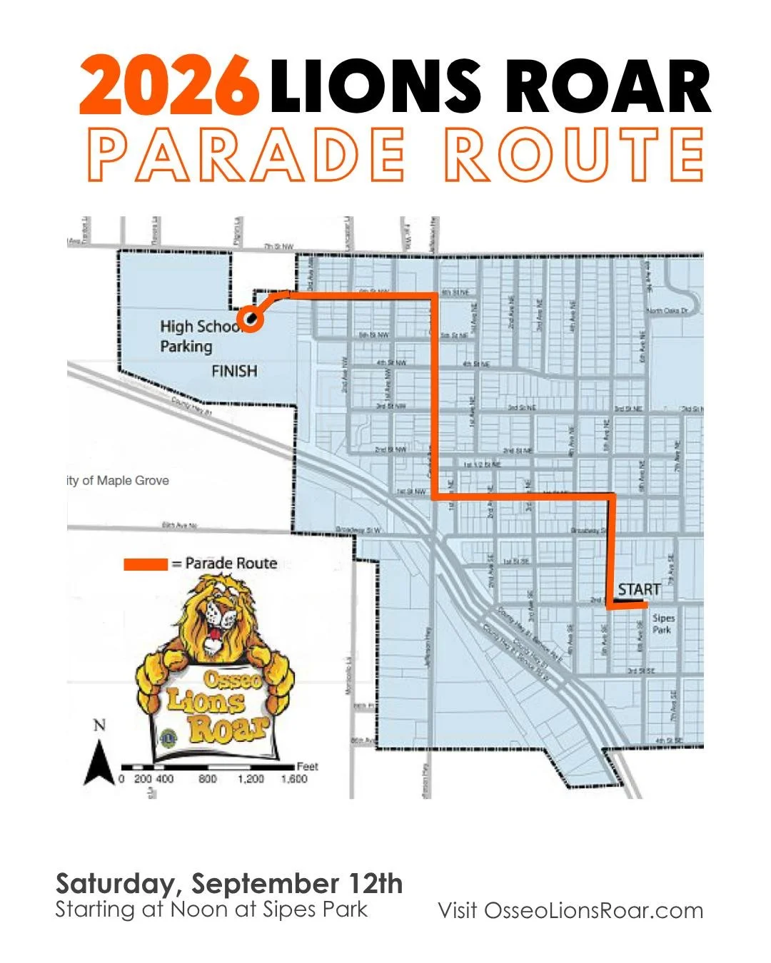 The Lions Roar Parade starts at 12 PM today!  Here are a few quick reminders about the route and some parking/traffic tips around Osseo during this city-wide celebration today!

BE SURE TO FOLLOW OUR @OsseoLionsRoar page for more updates and details,