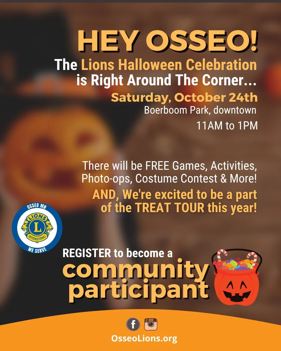 Osseo business owners, this one's for you 🍬

Hand out treats at the Osseo Lions Halloween Celebration on Sat, Oct 24 (11 AM&ndash;1 PM).

✔️ Free to register
✔️ Register by 11 AM Wed, Oct 21 to be on our Trick-or-Treat map and get a social shoutout
