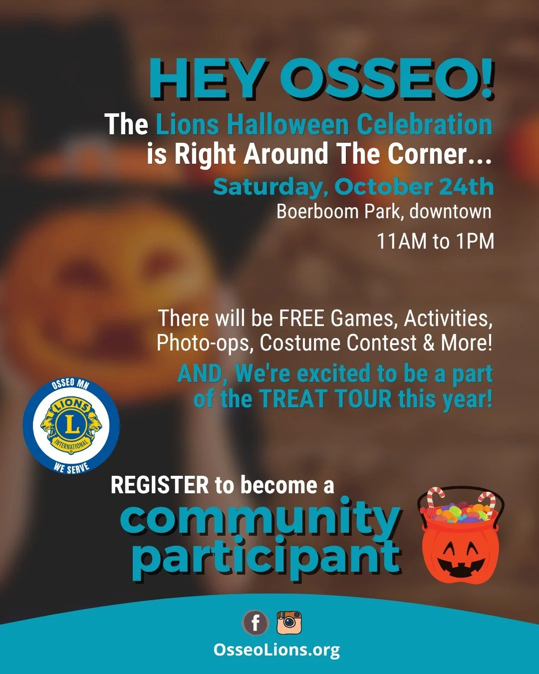 ⏰ LAST CALL, OSSEO BUSINESSES ⏰

Register by 11 AM Wed, Oct 21 to be on our Trick-or-Treat map + get a social shoutout for the Halloween Celebration (Sat, Oct 24).

🆓 Free
🎃 Teal pumpkin marker for allergy-friendly treats
⛺ Park spots available (fi