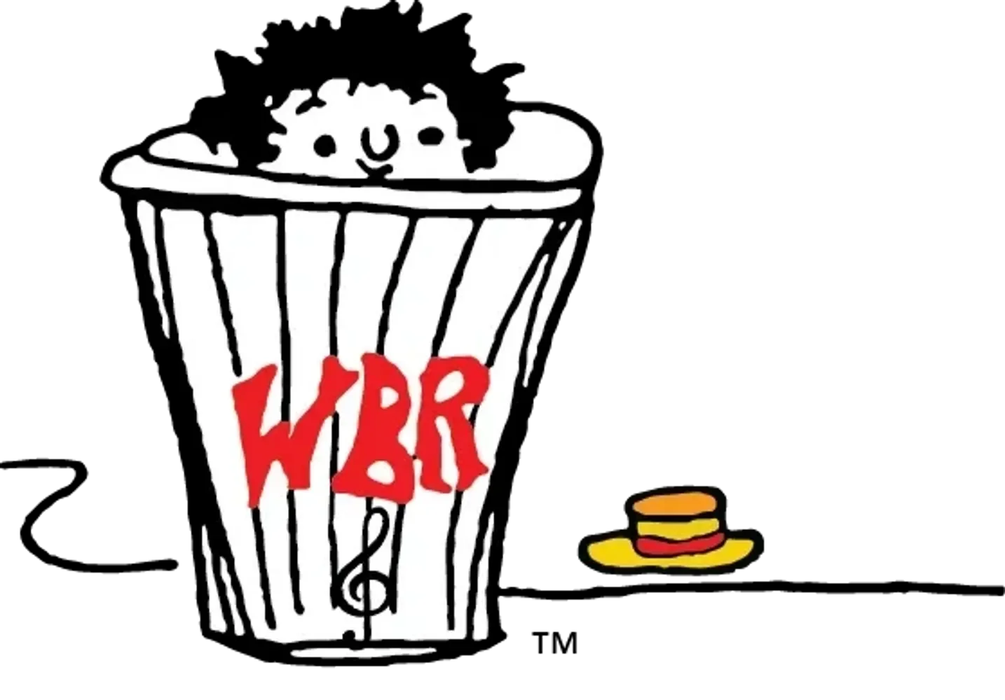 A drawing of a paper popcorn container with the word 'WBR' written on it in red, with scattered popcorn and a small hat-shaped object to the right.