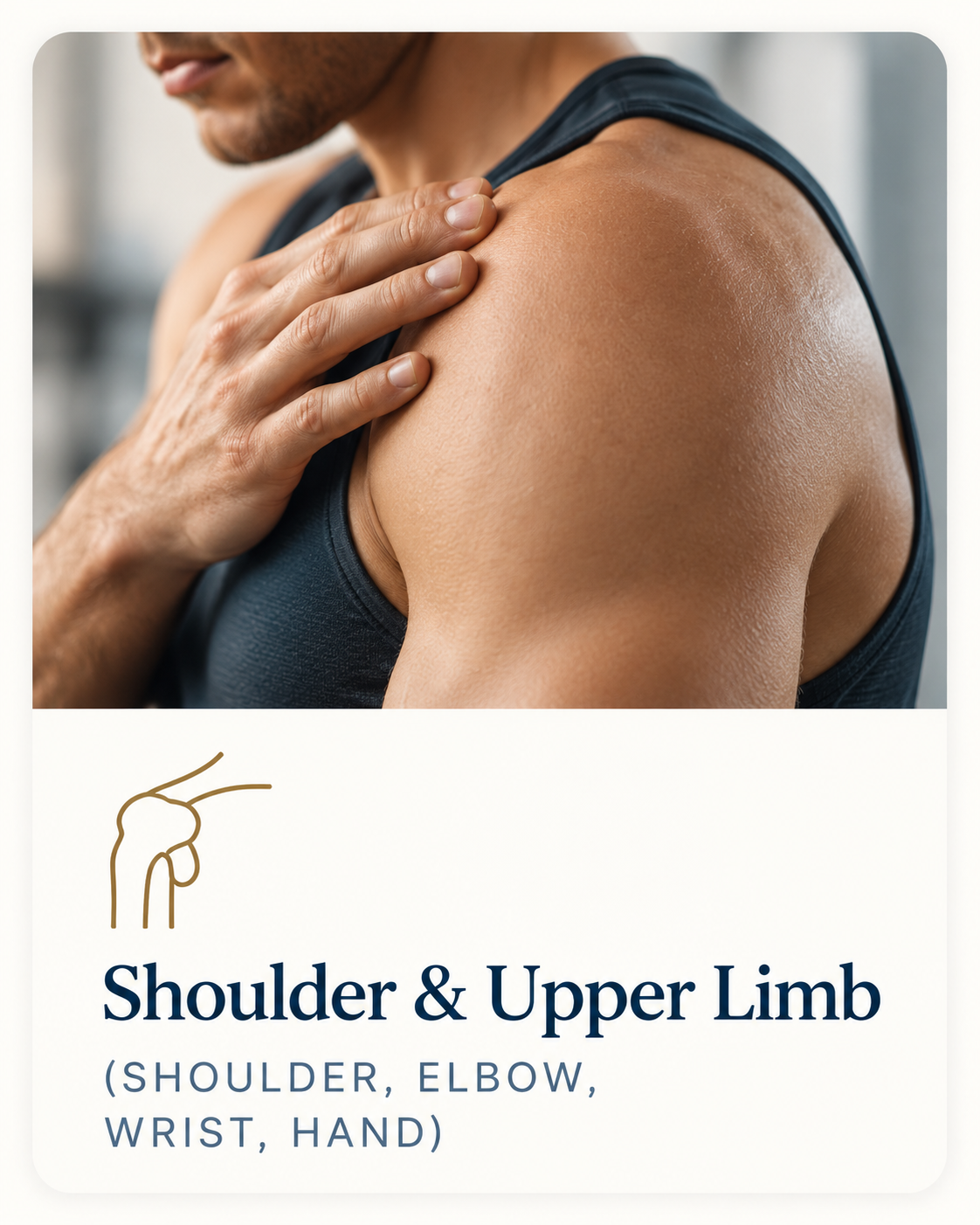 Person holding the shoulder, representing shoulder and upper-limb musculoskeletal conditions.
