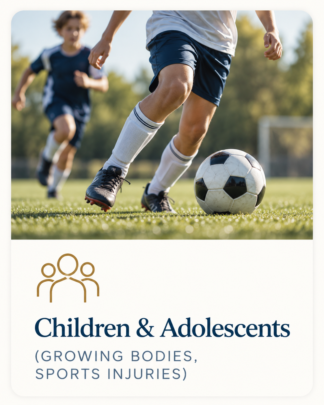 Young people playing football, representing musculoskeletal and sports-related care for children and adolescents.