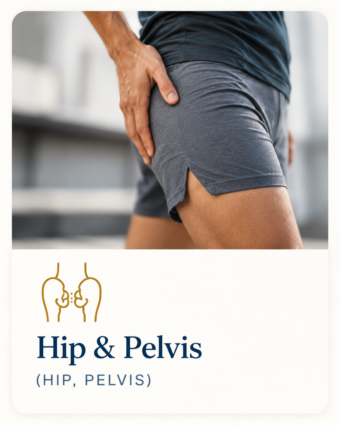 Person experiencing hip discomfort, representing hip and pelvic musculoskeletal assessment.