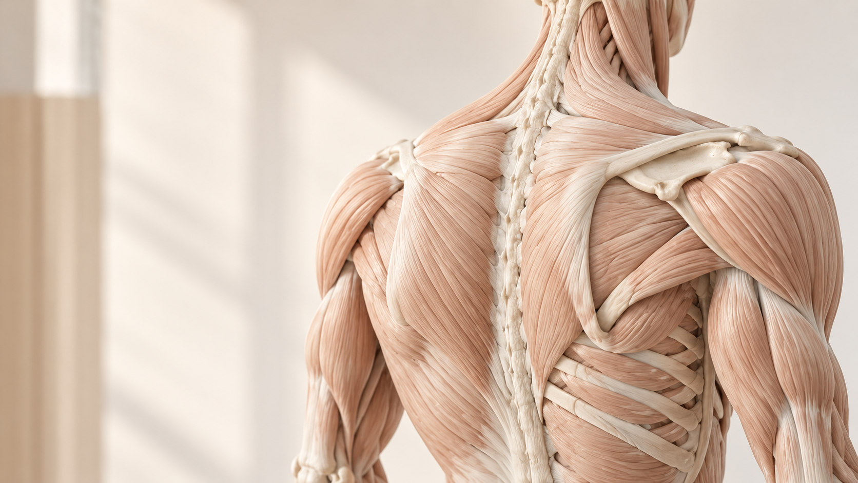 Anatomical illustration of the upper back, shoulder and arm musculature.