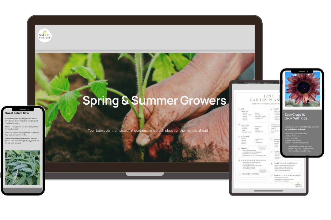 Screenshots of gardening guides and a planner displayed on various electronic devices including a laptop, tablet, and smartphones, related to spring and summer planting for growers.