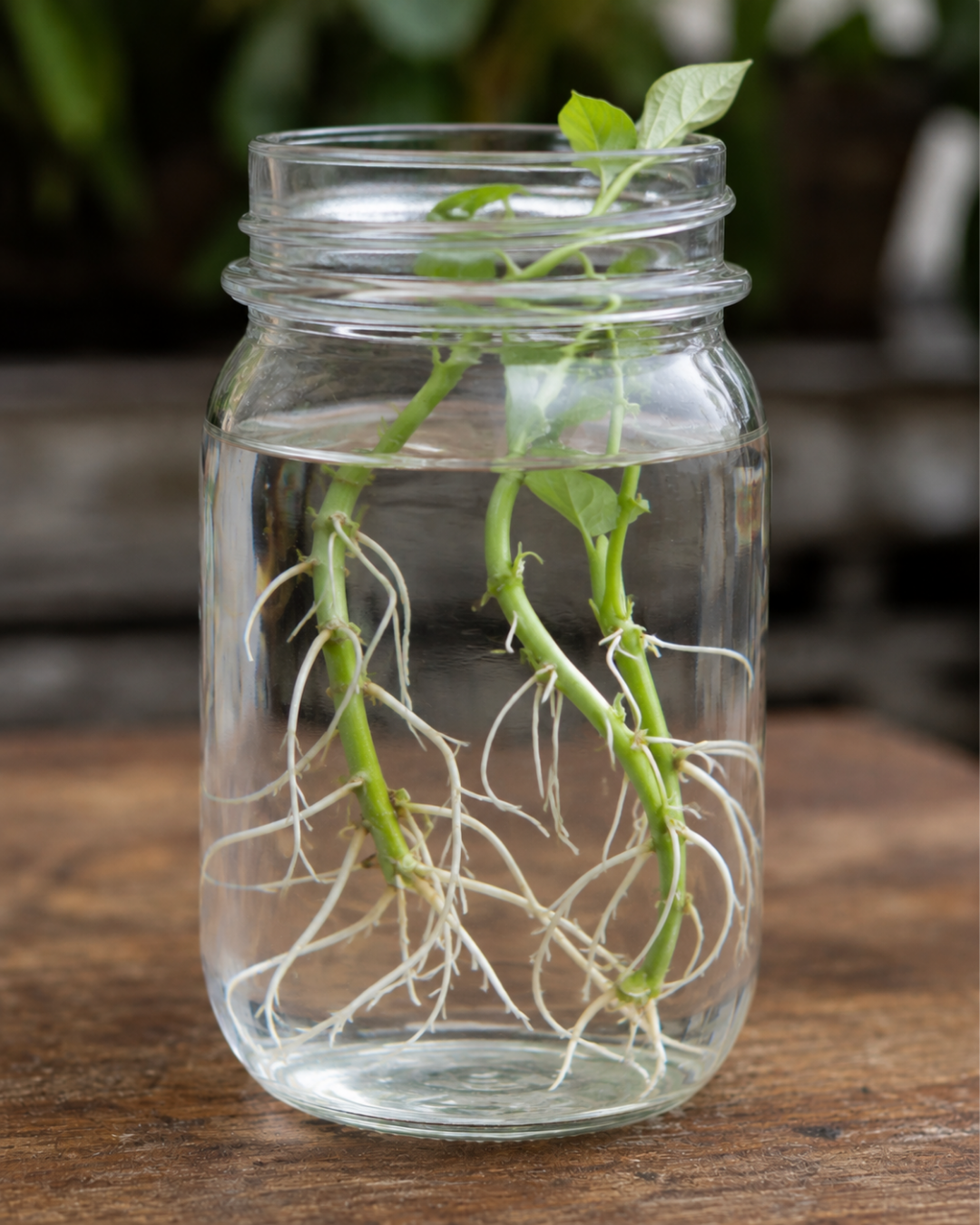 Kūmara slips developing white roots in a jar of water.