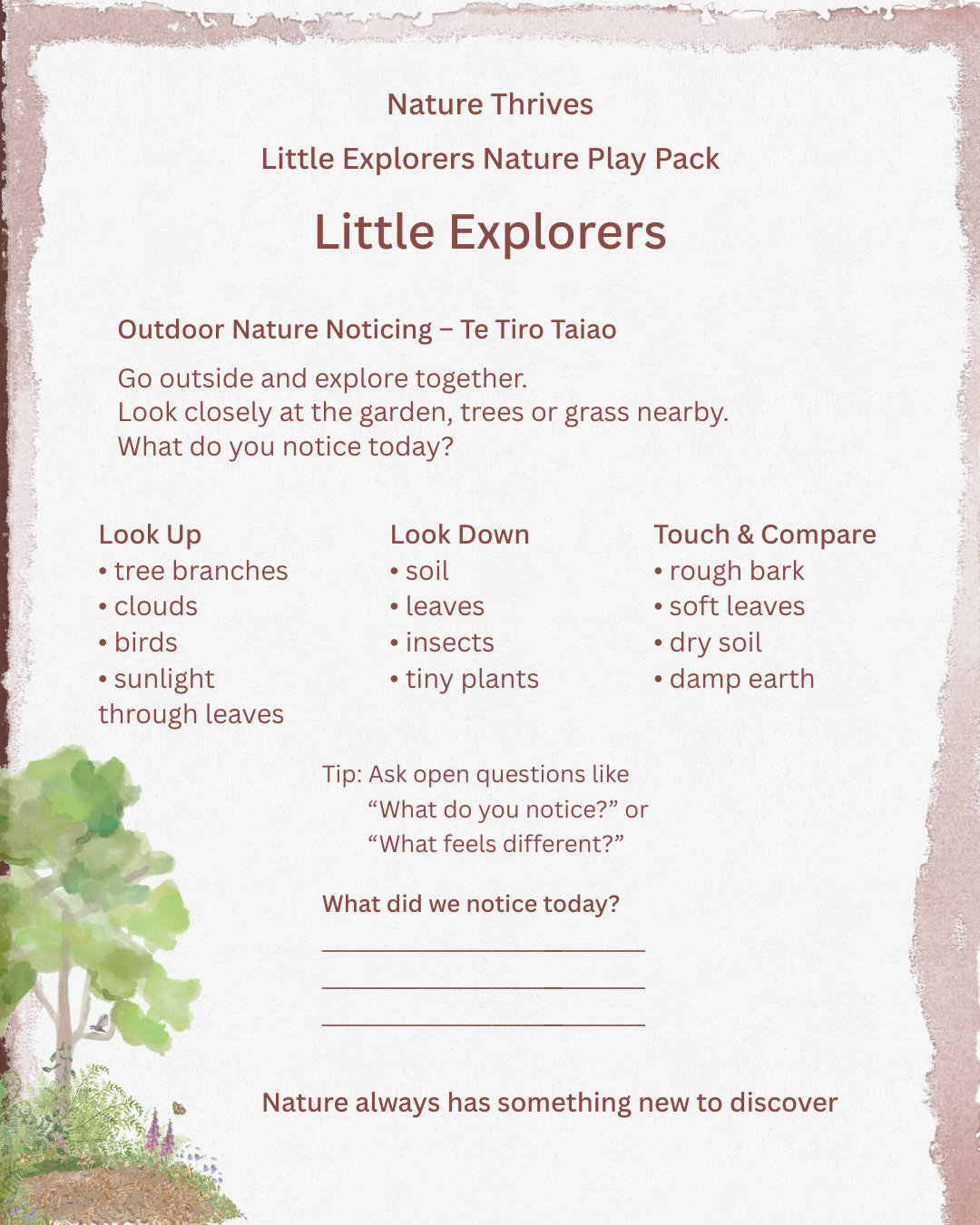 The front cover of the Little Explorers Nature Play Pack showing outdoor nature noticing activities for children