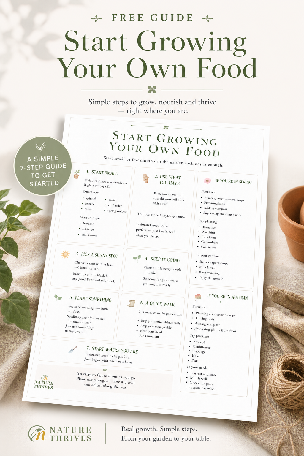 Start Growing Your Own Food one-page guide showing simple steps to start growing at home