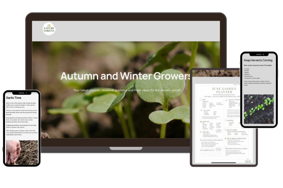 Multiple devices displaying gardening planner and tips related to autumn and winter gardening seasons.