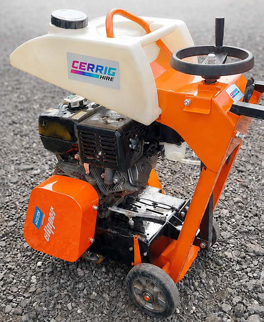 A large orange and black 450mm floor saw with a white fuel tank labeled 'CERRIG HIRE' on a gravel surface.