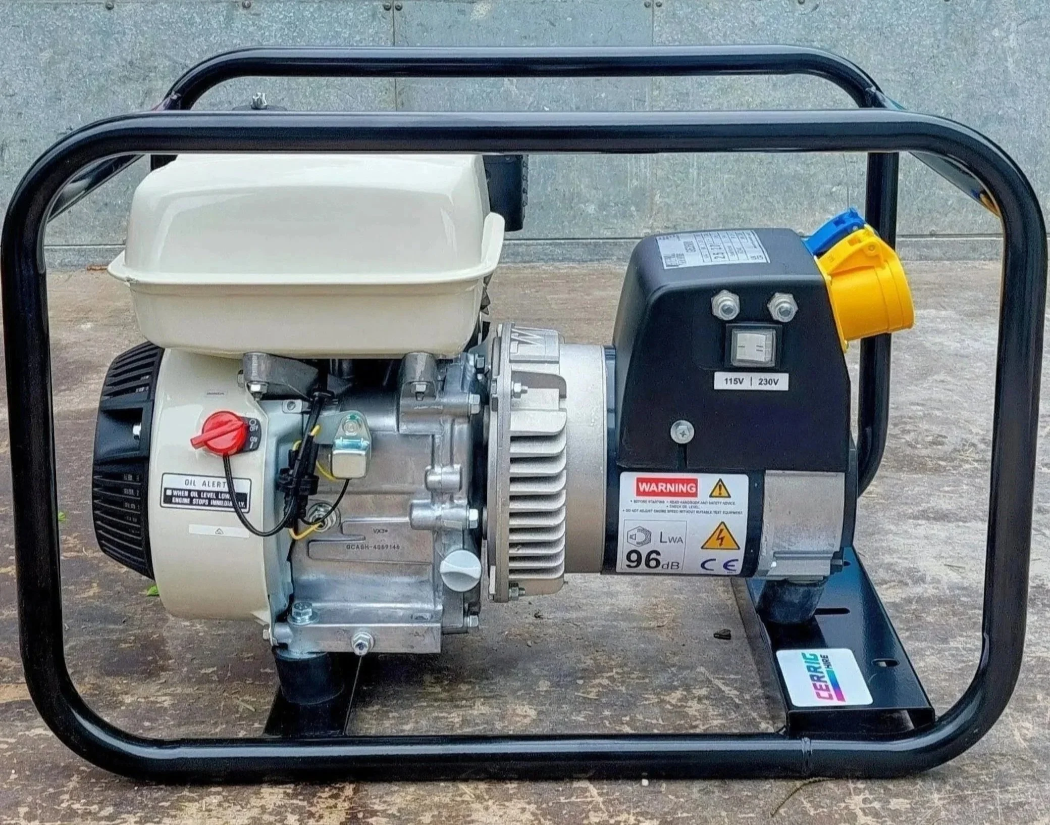 Portable generator with black frame, white engine, and yellow power outlet, placed outdoors on a concrete surface.
