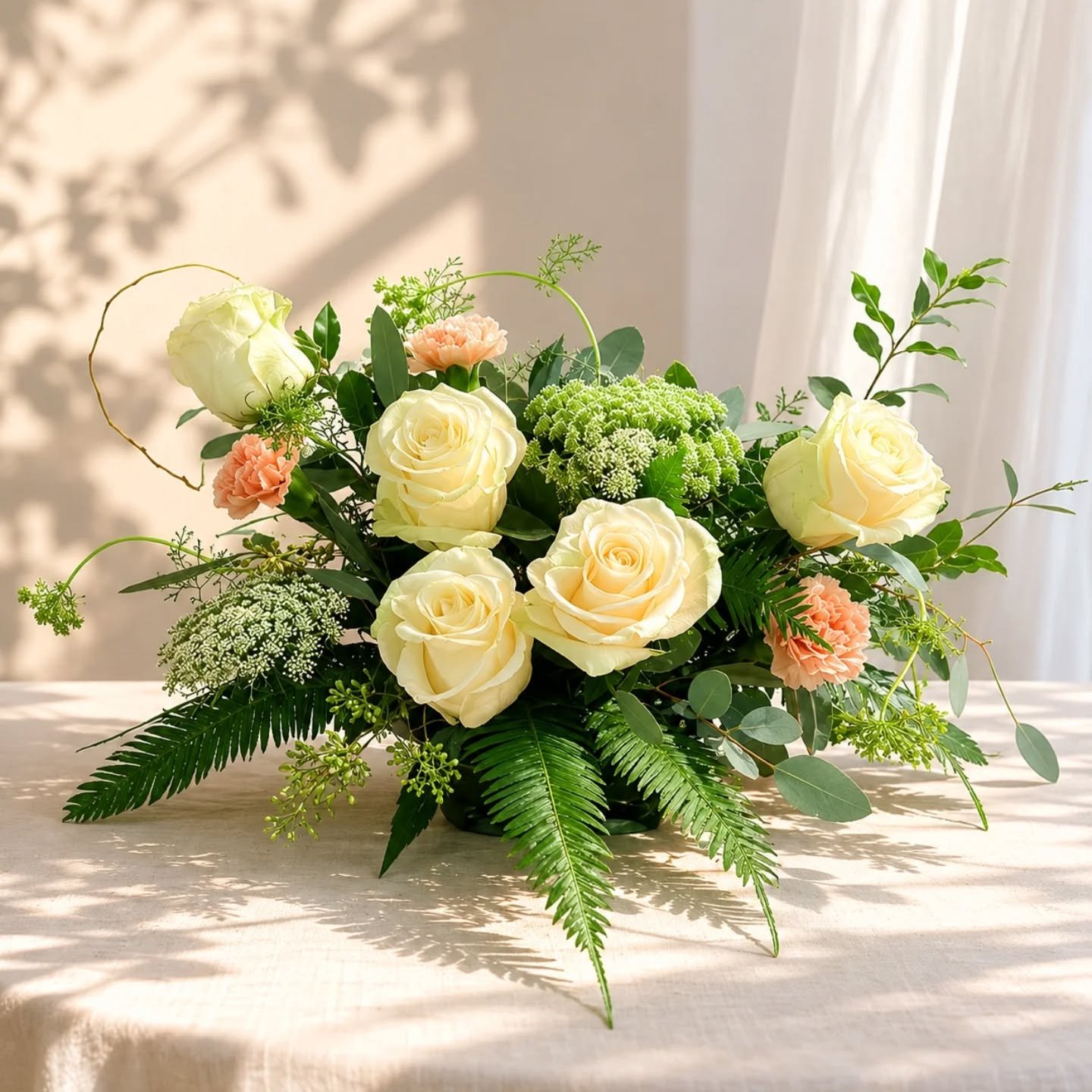 Winter is slowly arriving in Melbourne.

As the mornings grow cooler and the days a little quieter, we're drawn to softer palettes and timeless textures.

This garden-inspired arrangement features elegant white roses, delicate Queen Anne's lace, soft