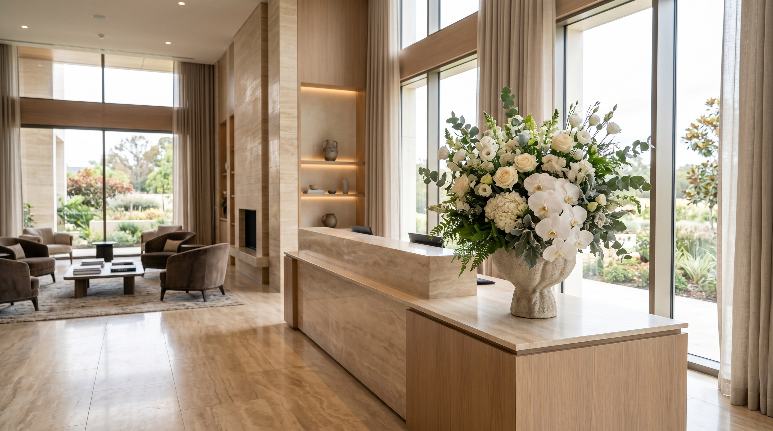Modern hotel lobby with large windows, beige curtains, a stone fireplace, and a floral arrangement on a marble counter.
