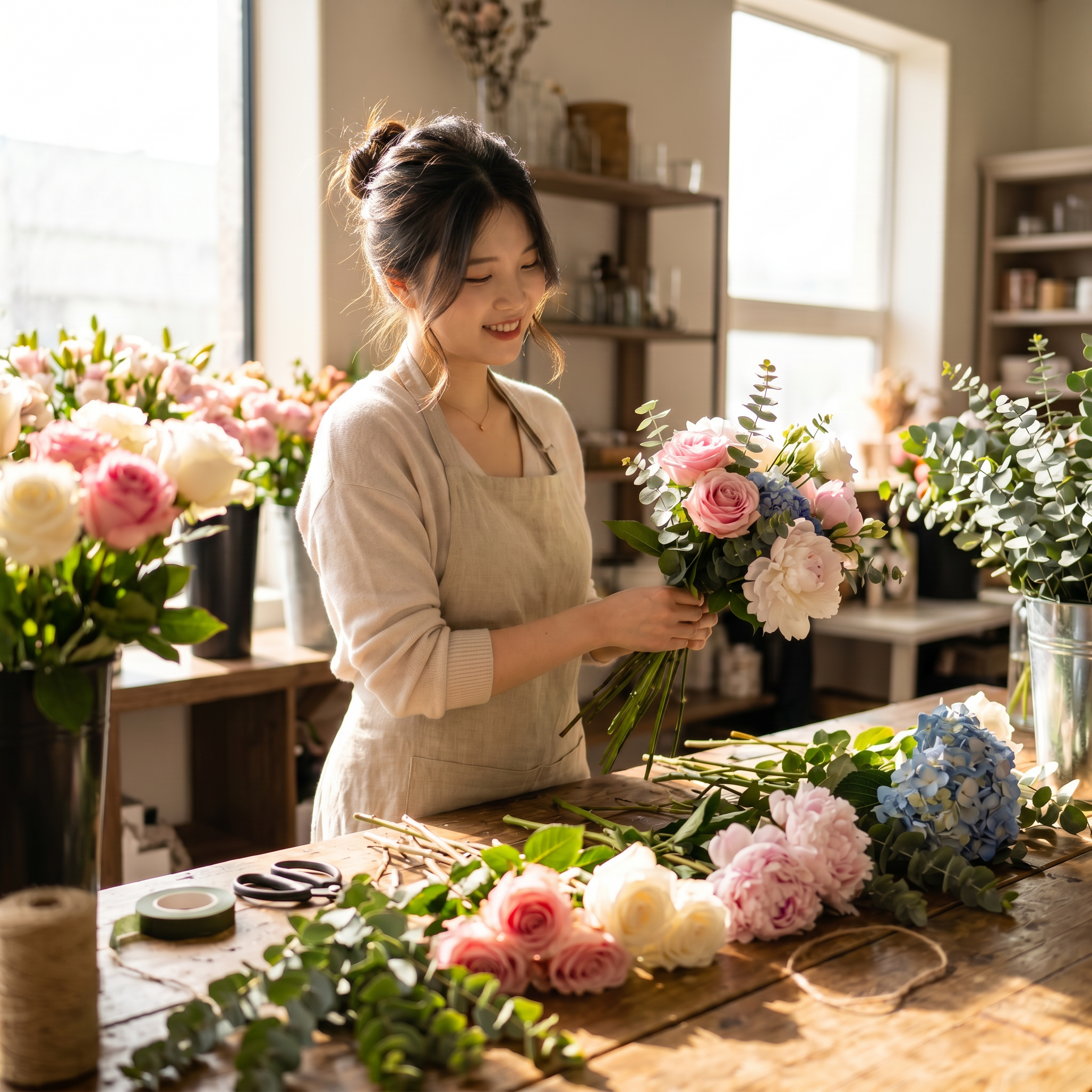 A woman arranging a bouquet of pink, white, and purple flowers in a well-lit flower shop.