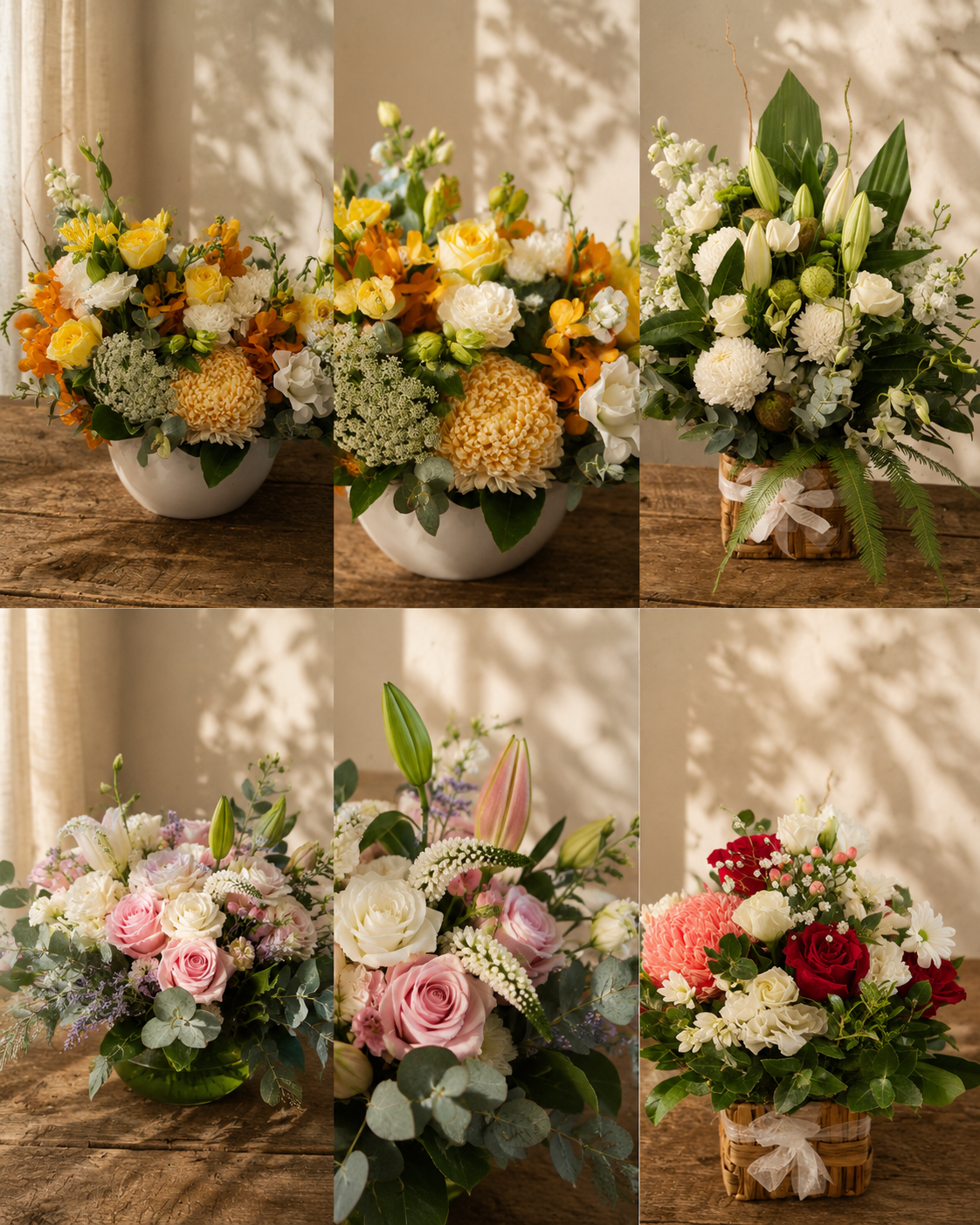 Various flower arrangements with roses, lilies, carnations, and greenery on wooden tables.