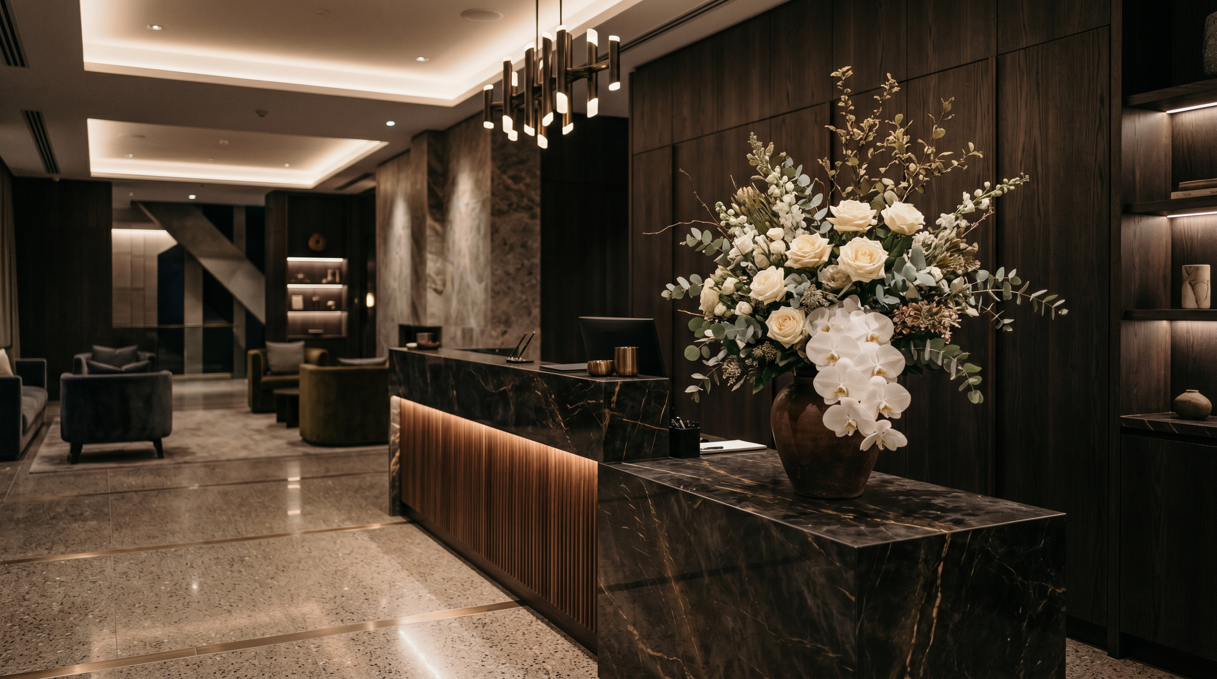 Elegant hotel lobby with dark wood paneling, marble accents, modern lighting, and a large flower arrangement of white roses and orchids on a black marble reception desk.