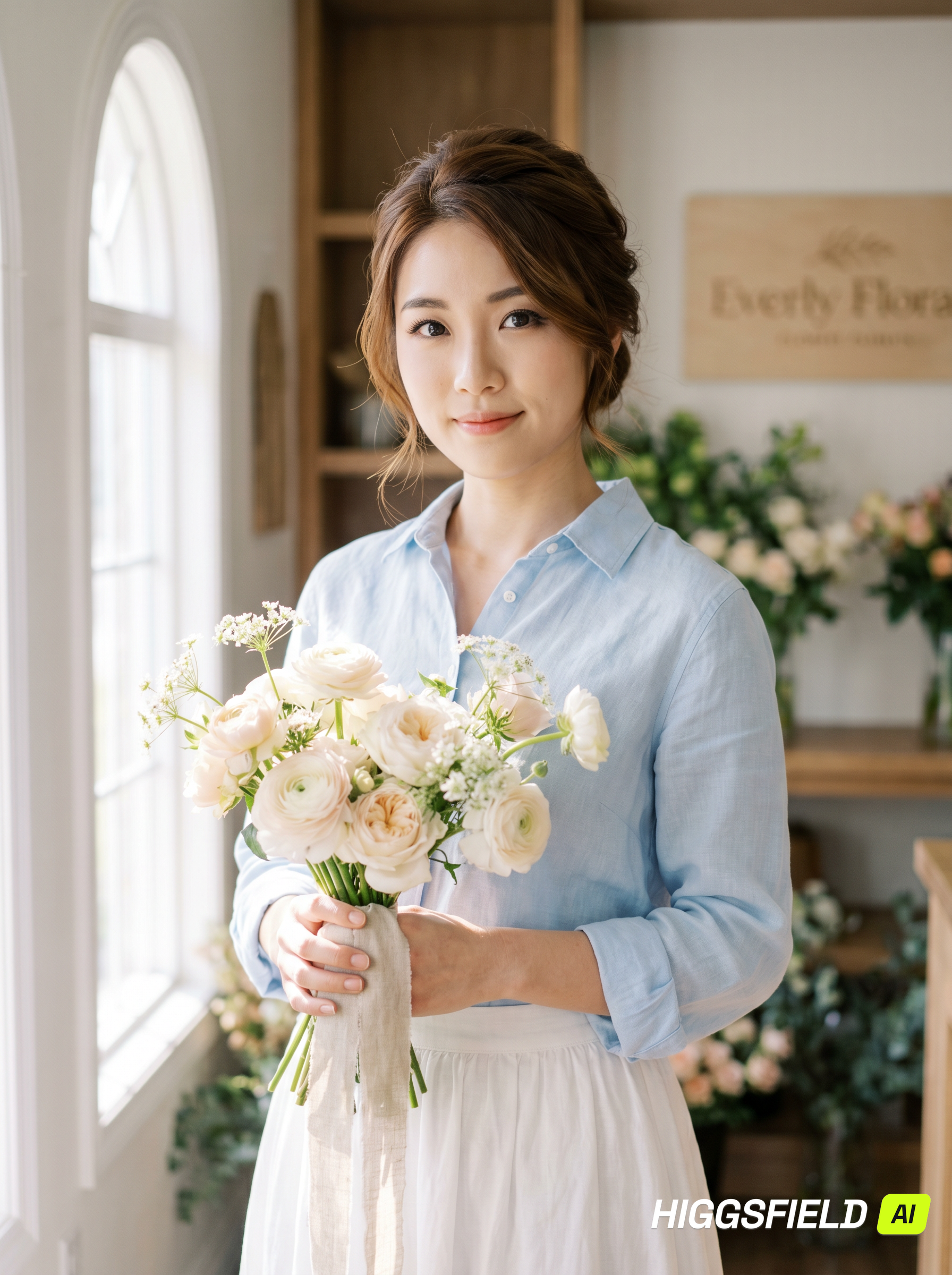A woman holding a bouquet of white and light pink flowers in a room with large window and flower arrangements in the background.