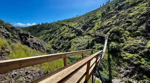 A wooden footbridge crossing a narrow canyon with green hills and trees under a blue sky.