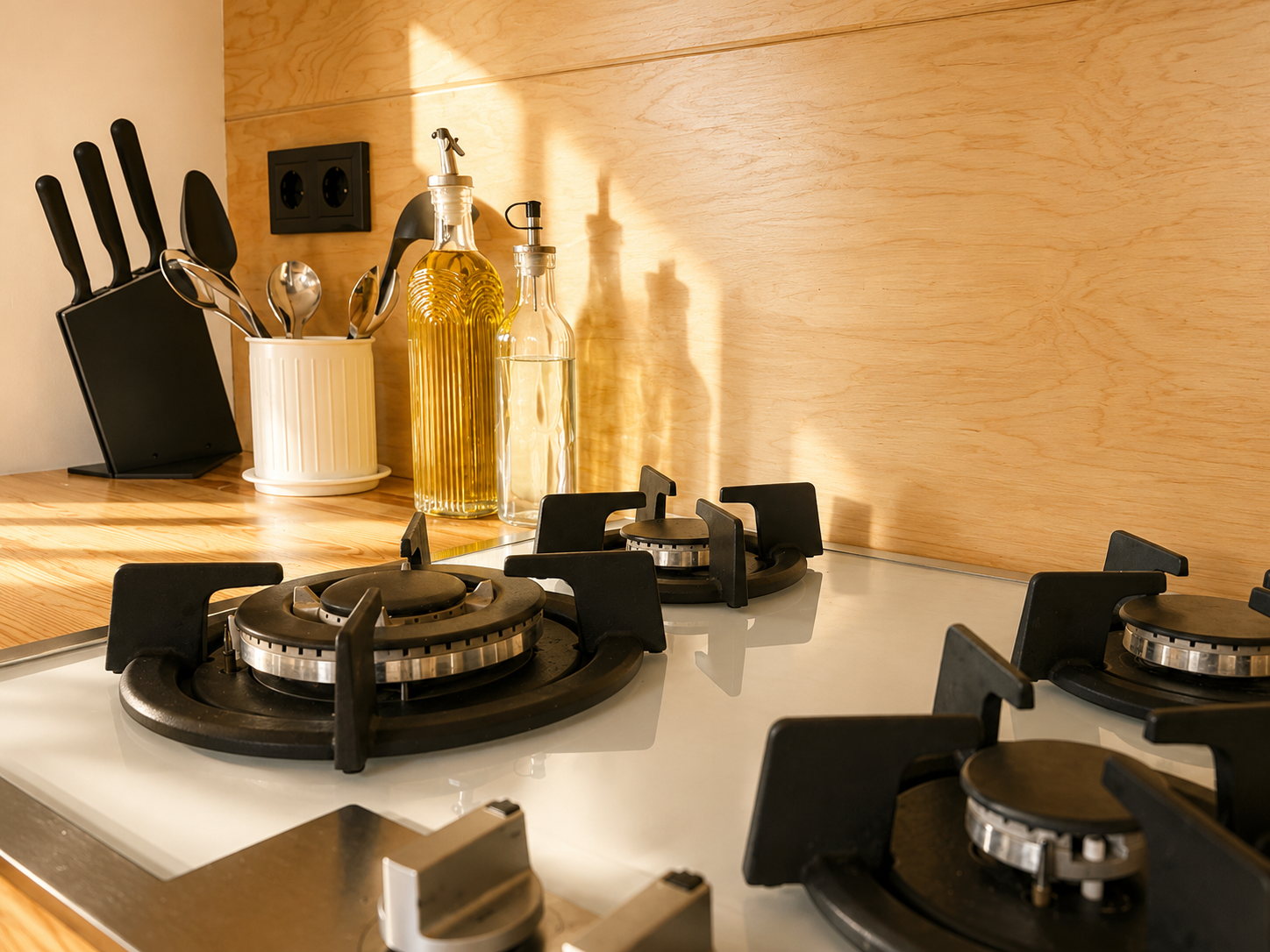 Close-up of a modern kitchen stove with four burners, surrounded by wooden countertop and backsplash, along with oil and vinegar bottles, a utensil holder, and knife block.