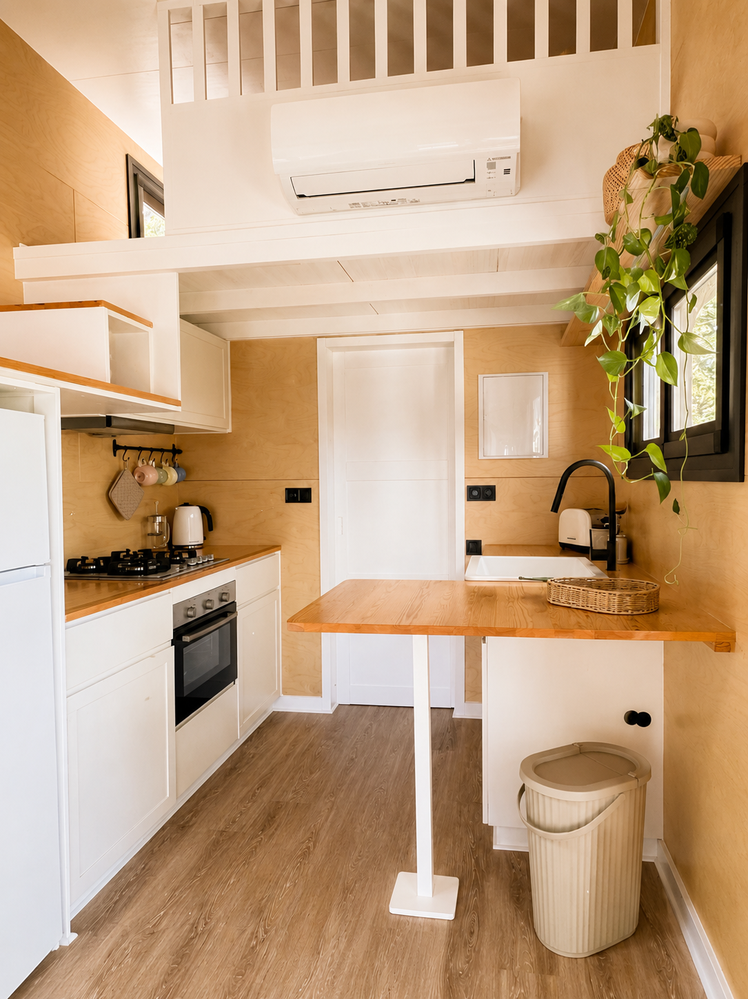Small kitchen with wooden cabinets, black sink, white appliances, green hanging plant, and natural light from window.
