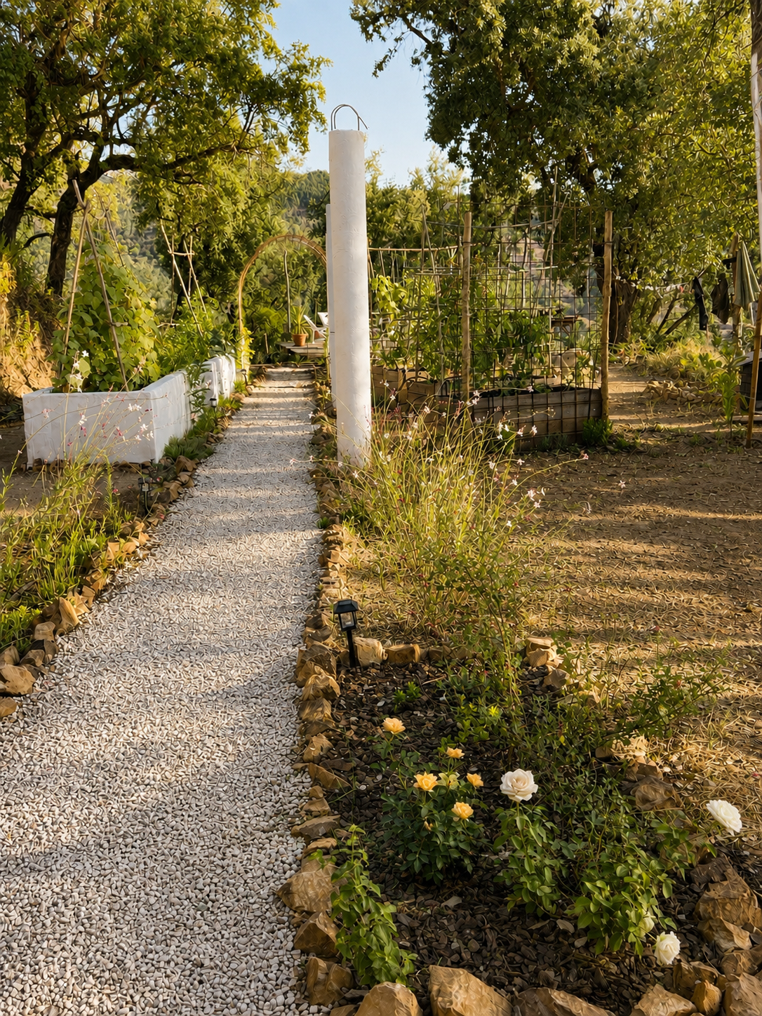 A small garden pathway made of gravel, lined with rocks, leading through a lush garden with blooming flowers and trees, under a clear sky.