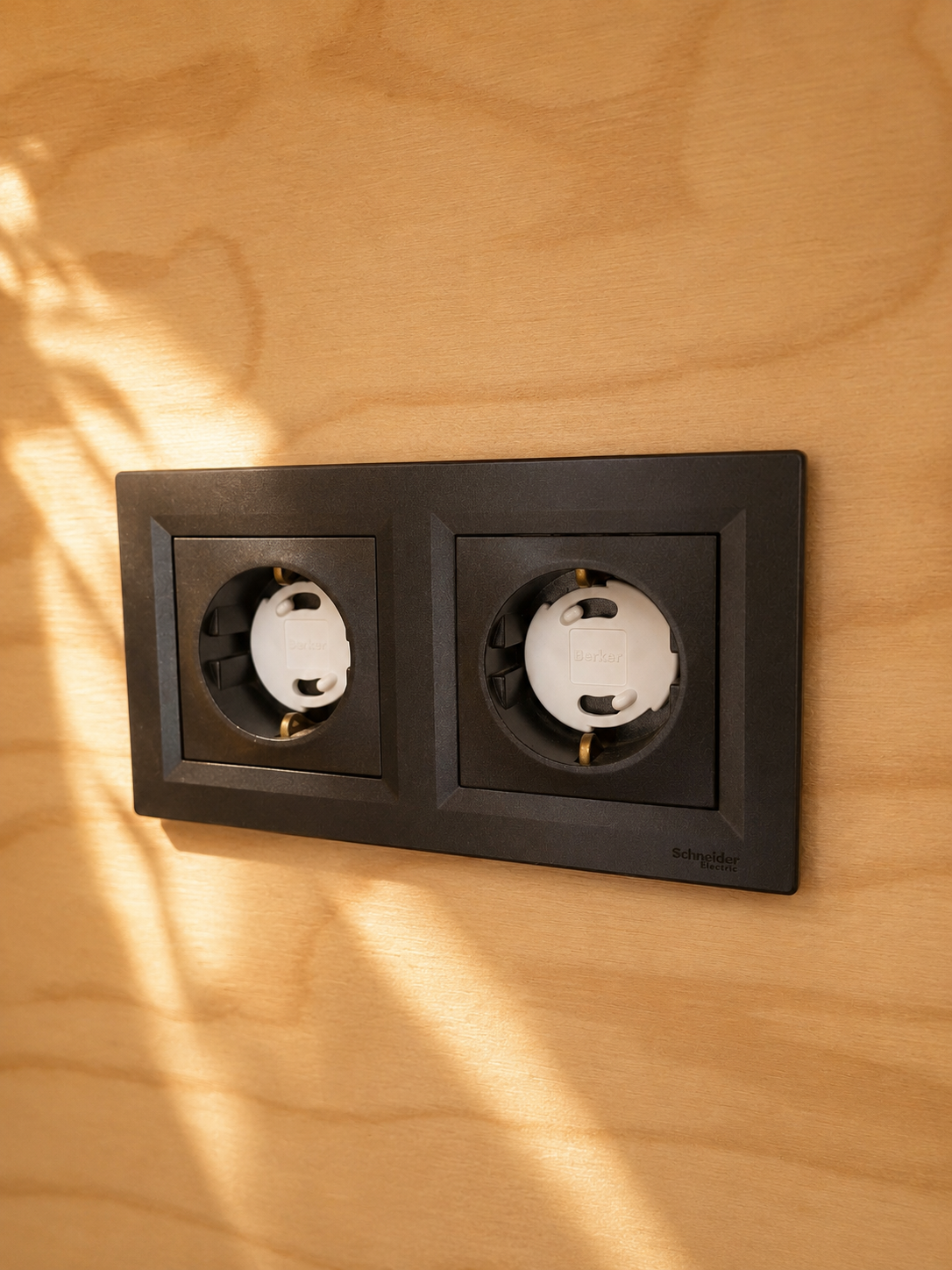 Two electrical power outlets mounted on a black frame on a wooden wall.